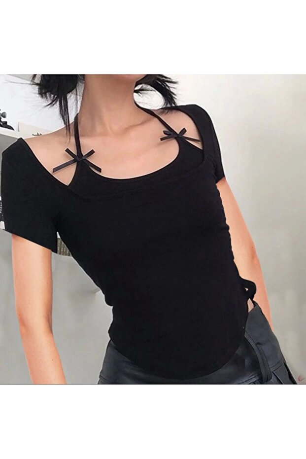 Lolita Harajuku Y2K Strap Detail Bow Short Sleeve Blouse