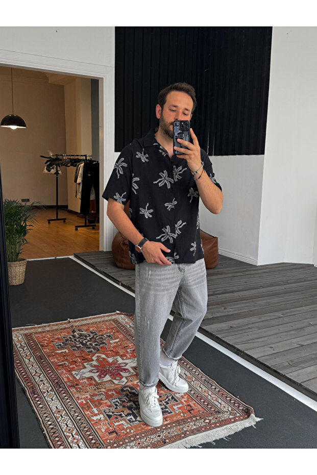 Siyah Palmiye Nakışlı Gömlek G-5444/3 - 5