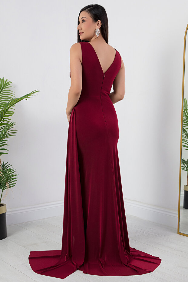 Beli Taşlı Yırtmaçlı Abiye Elbise ECR5301 - 7