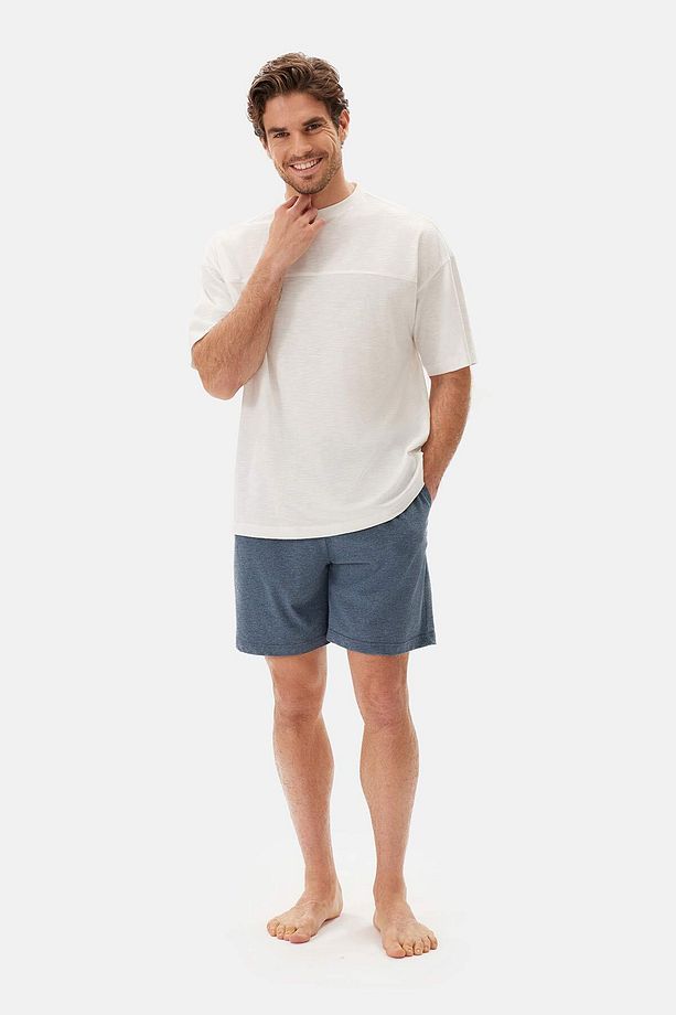 Ekru Bıs Yaka Flamlı Tişört Şort Pijama Takımı - 1