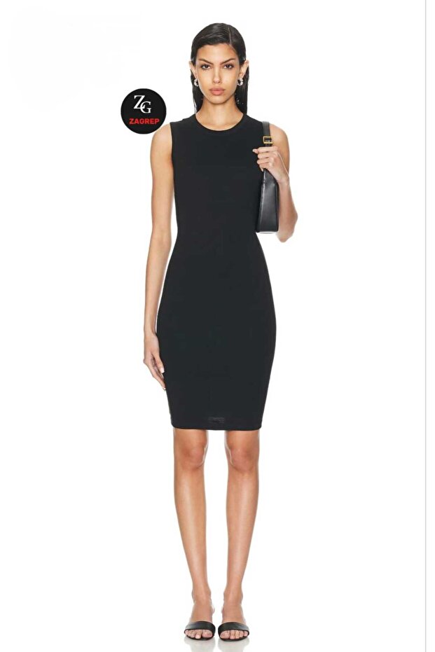 Women's Black Sleeveless Crew Neck Lined Silk Jersey Mini Dress
