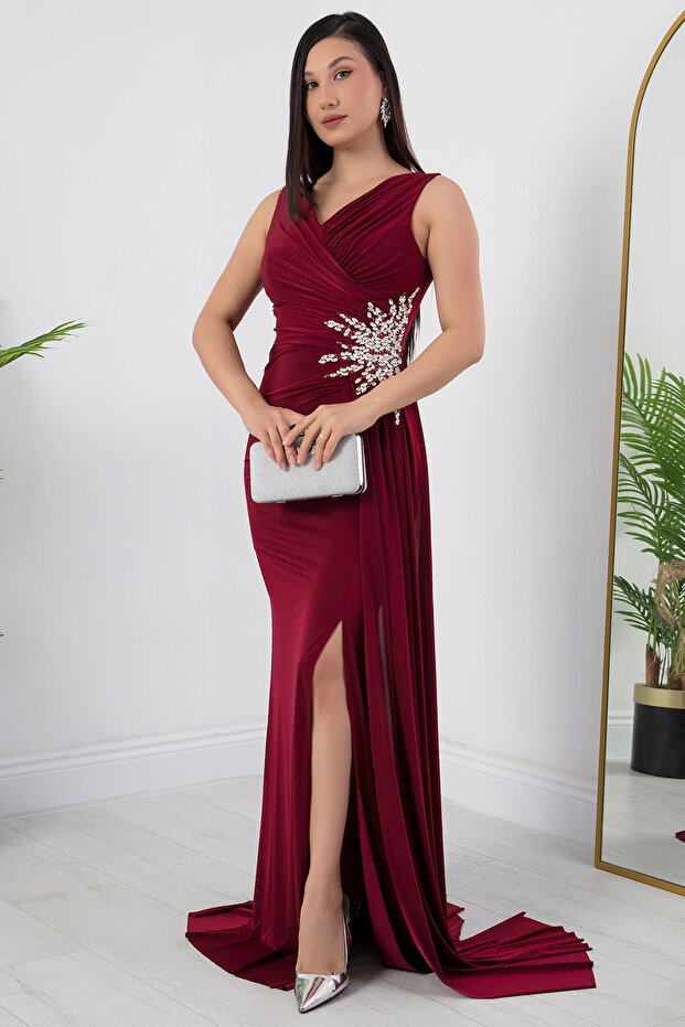 Beli Taşlı Yırtmaçlı Abiye Elbise ECR5301 - 3