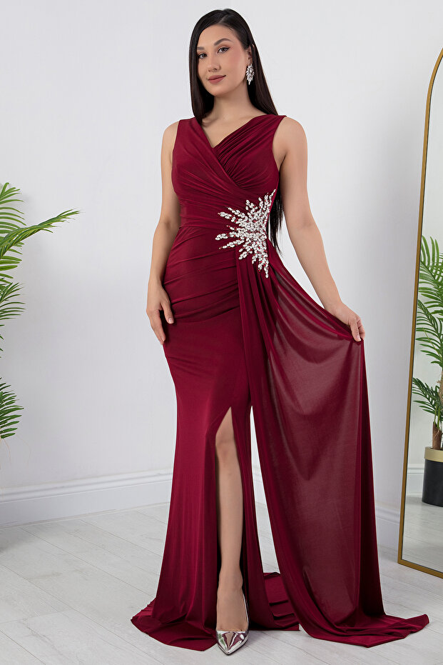 Beli Taşlı Yırtmaçlı Abiye Elbise ECR5301 - 5