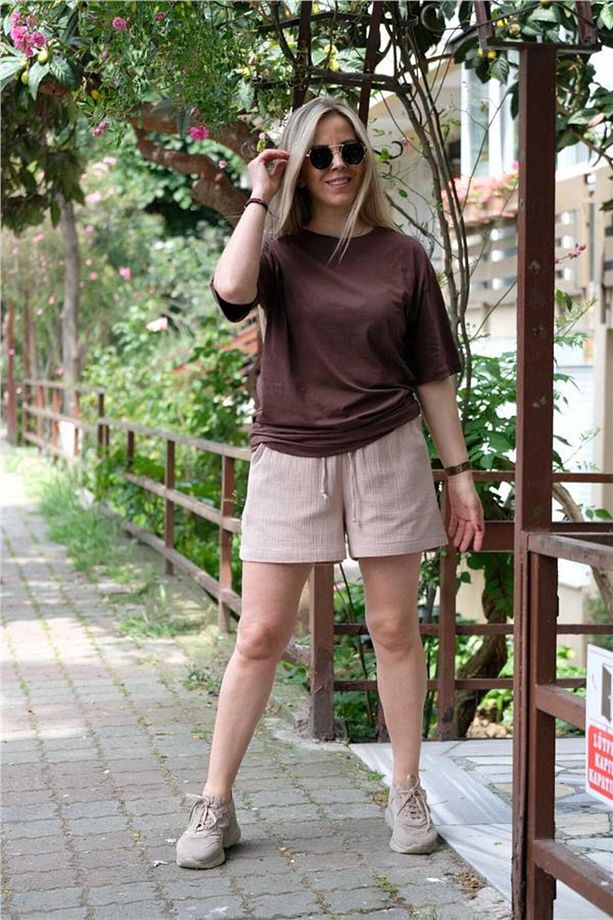 Bej Gofreli Şort - 1