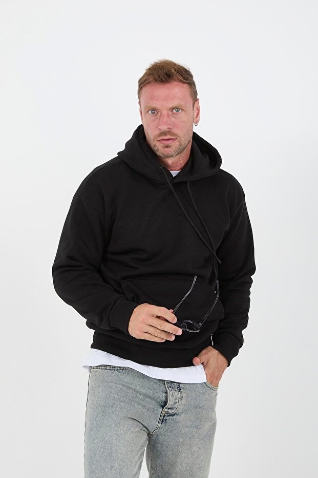 Black Men's Oversize Hooded Kangaroo Pocket Sweatshirt - Hoodie