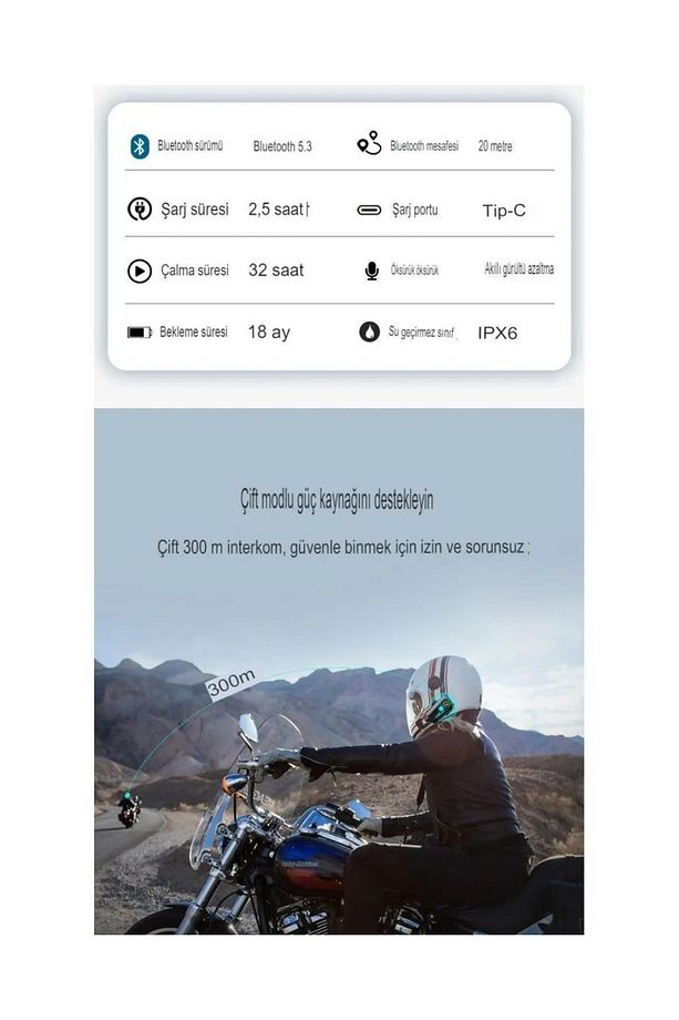 2 Intercom Bağlantılı Su Geçirmez Motosiklet Kask Bluetooth 5.3 300m Intercoom 2.000mah - 8