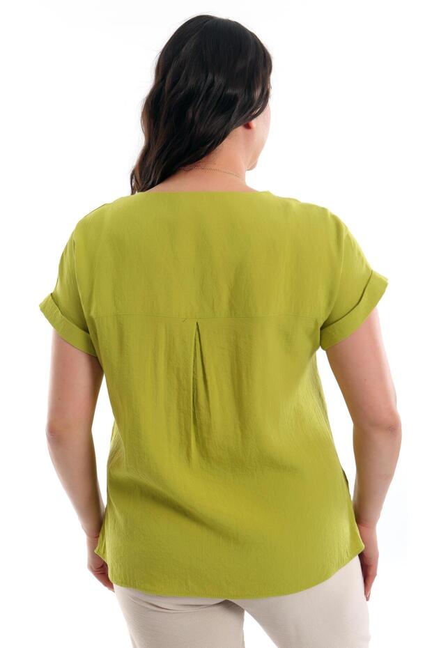 بلوزة أساسية ذات أكمام منخفضة مقاس كبير باللون الأخضر الفستقي - 5