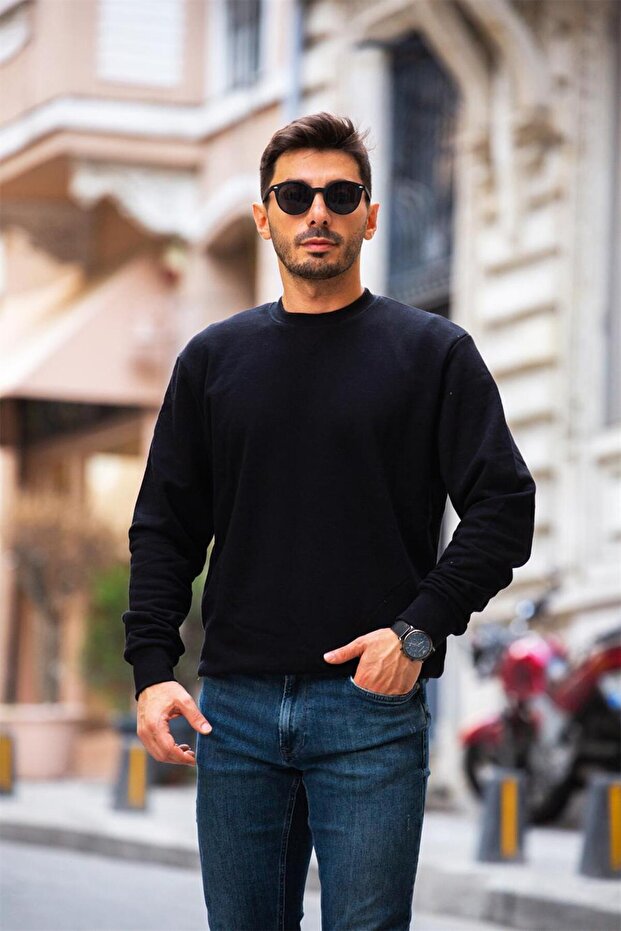 Bisiklet Yaka Basic Sweatshirt - Siyah - 4