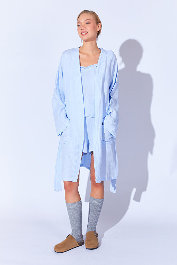 100% Organic Cotton Muslin Washable Dressing Gown Kimono | Baby Blue Mkw359976