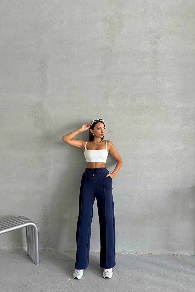 Women's Navy Blue Pocket Loose Leg Cotton Sweatpants Nbg042