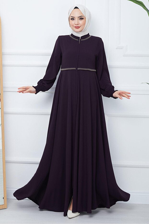 Embroidered Mevlana Fabric Ferace - Plum