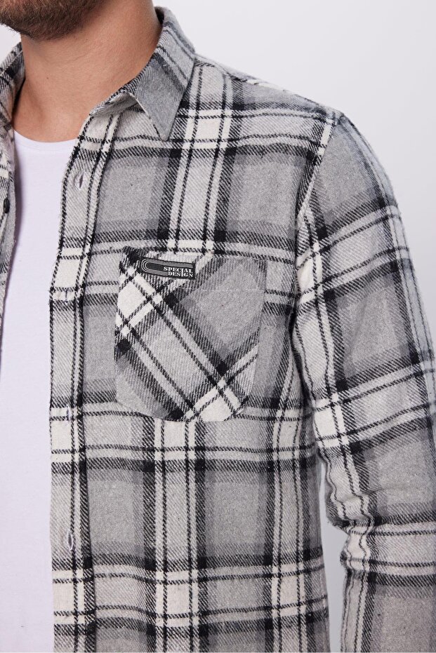 Erkek Slim Fit Dar Kesim Oduncu Tek Cep Kareli Kışlık Gömlek - 4