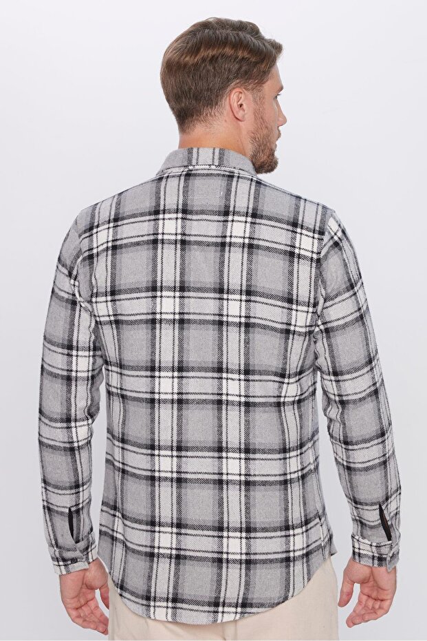 Erkek Slim Fit Dar Kesim Oduncu Tek Cep Kareli Kışlık Gömlek - 5