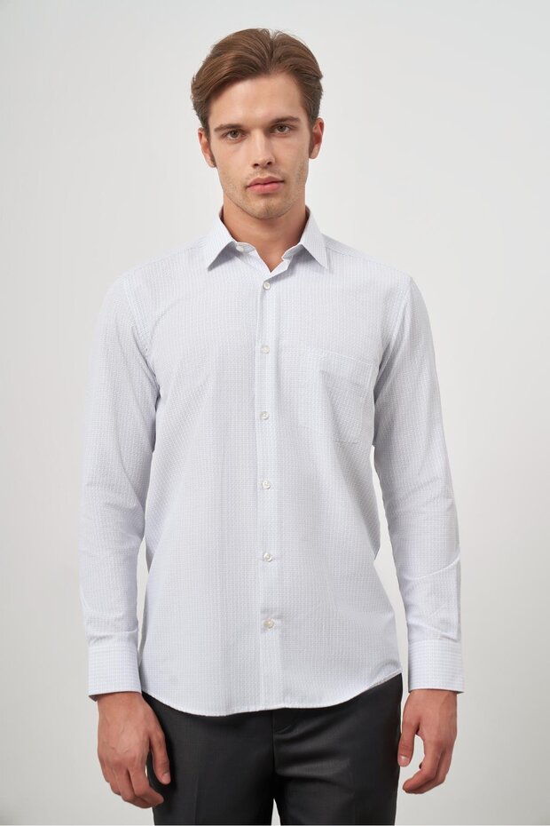 Men's White Long Sleeve Checkered Pattern Hard Collar Pocket Cotton Comfort Fit Shirt 1004245159