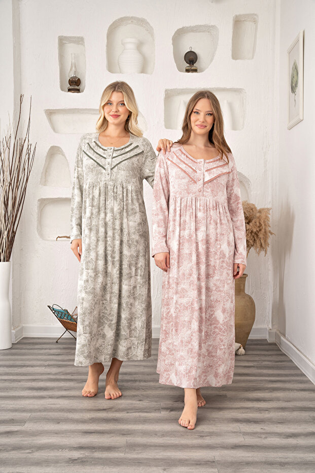 Women's Khaki Patterned Winter Plus Size (Oversize) Long Sleeve Full Length Nightgown