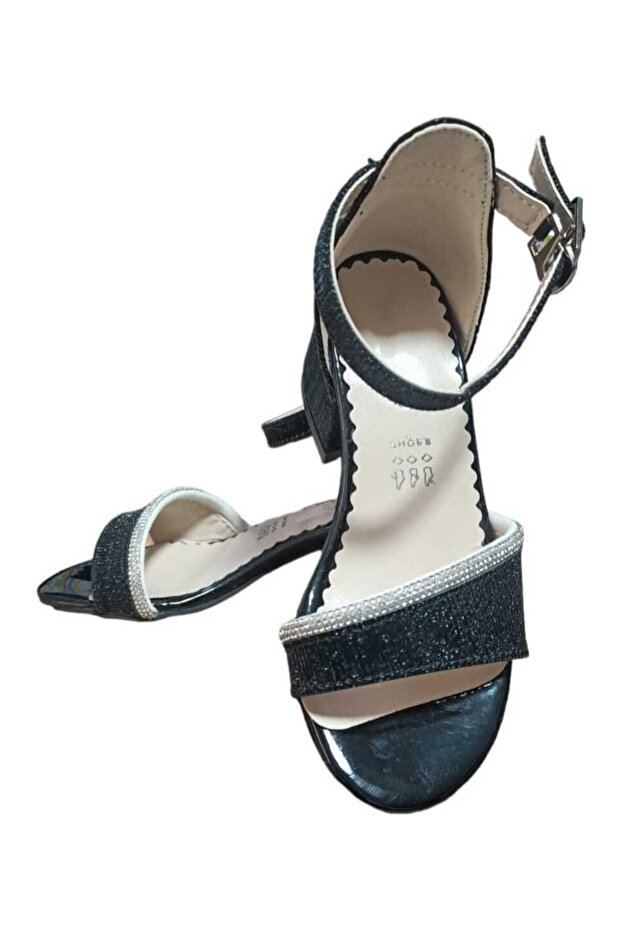 Girl's New Model Black Transparent Stone Detailed Heeled Shoes