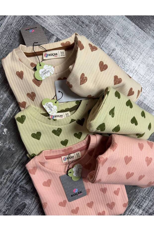 Kız Çocuk Kalp Desenli Fitilli Pijama Takımı - 5