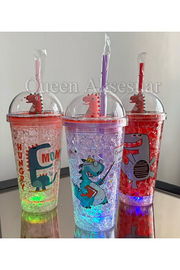 Imported 3D Moving Sequin Starbucks Style Large Straw Water Drink Bottle Water Bottle Flask Mug Dinosaur