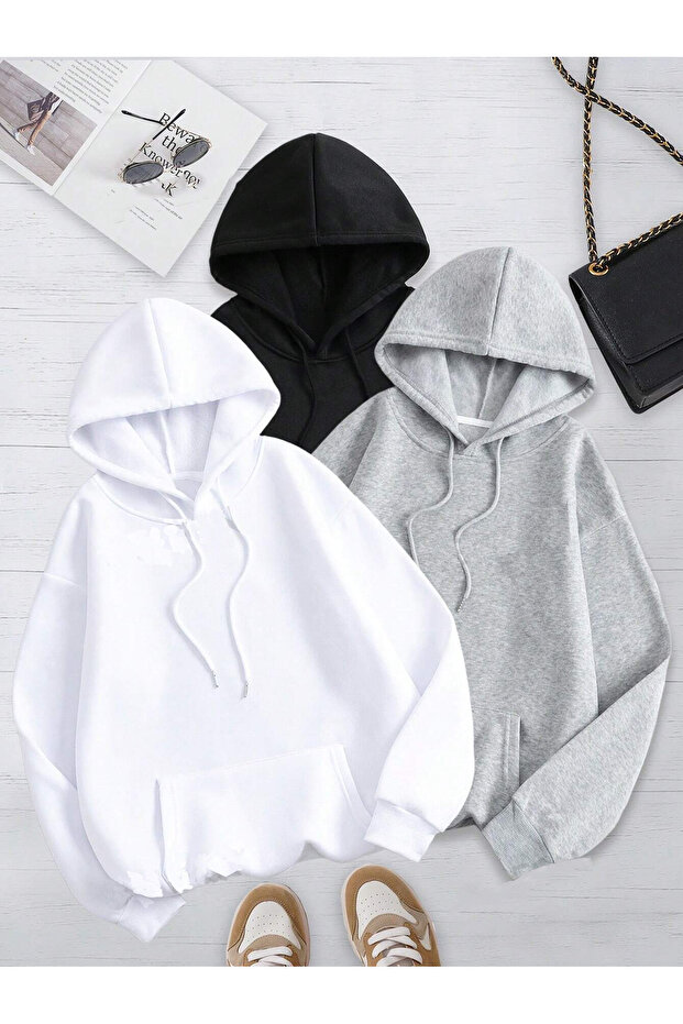Unisex Black-Grey-White Oversize Inside Cotton 100% Cotton 3-Pack Hooded Sweatshirt