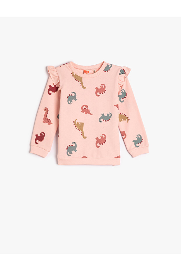 Sweatshirt Ruffle Dinosaur Printed Crew Neck Long Sleeve