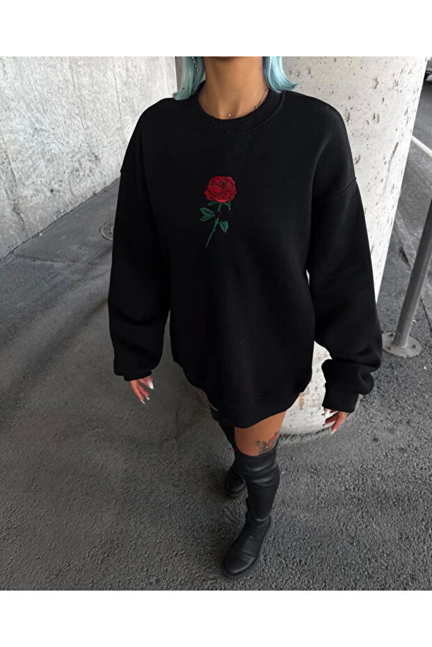 سويت شيرت مطبوع برقبة دائرية بثلاثة خيوط - أسود - 2