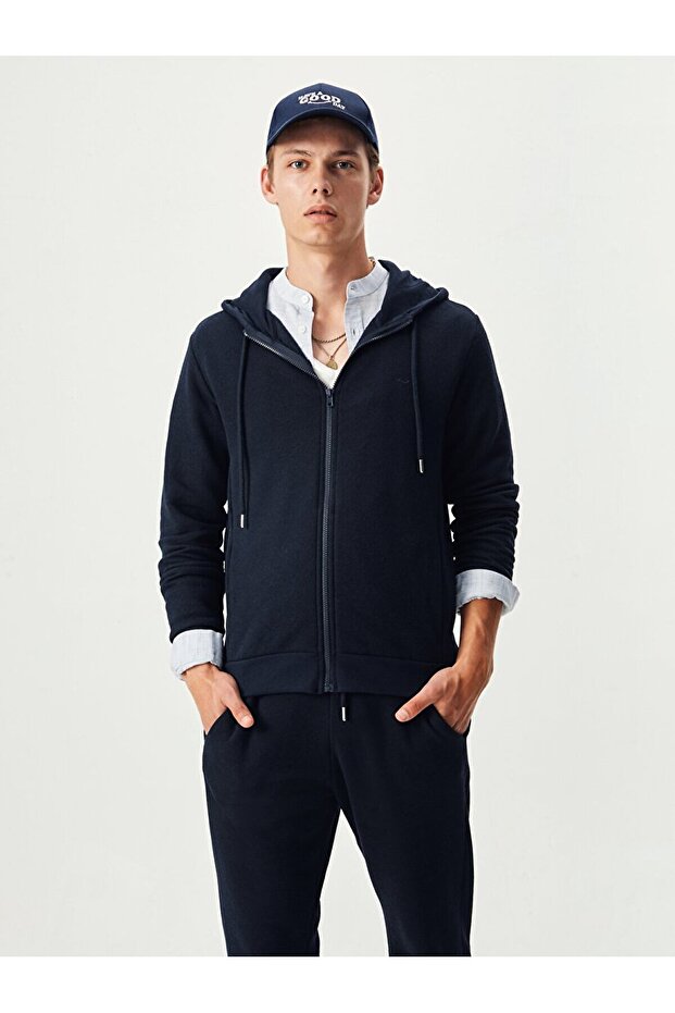 Kapüşonlu Fermuarlı Lacivert Sweatshırt - 2