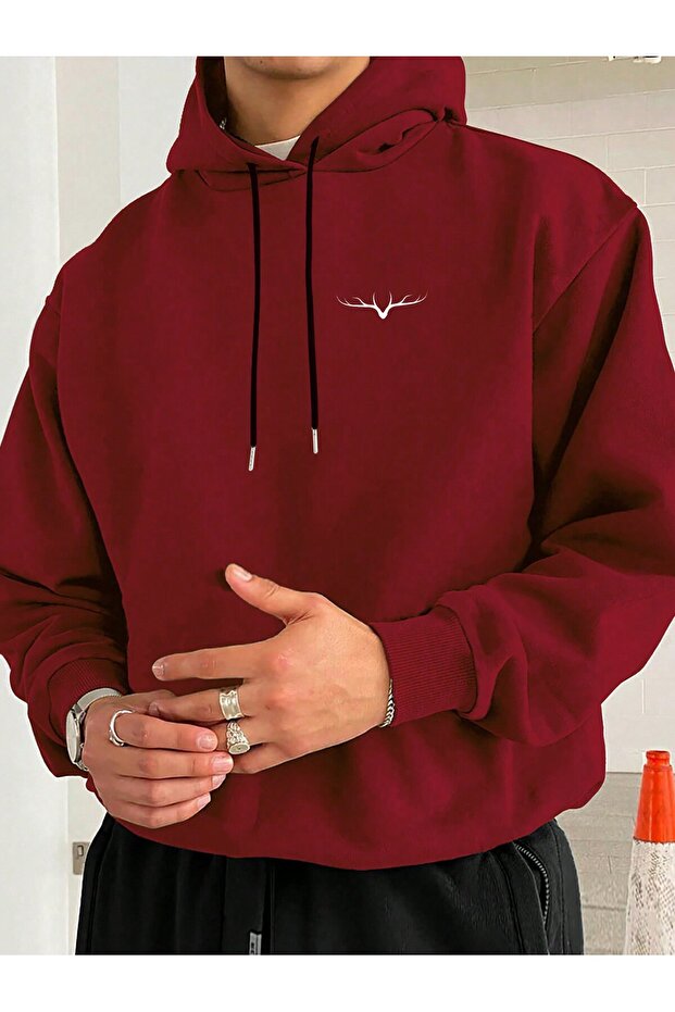 Wing Reindeer Front Printed Burgundy Oversized Hoodie Sweatshirt Hoodie