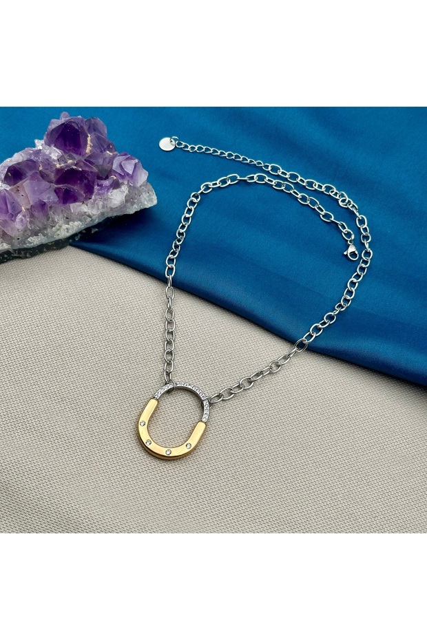 Women's Steel Gold Silver Two Color Zircon Stone Necklace