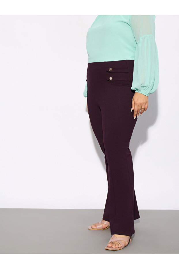 Plus Solid Bell Bottom Trouser with Button Detail - 3
