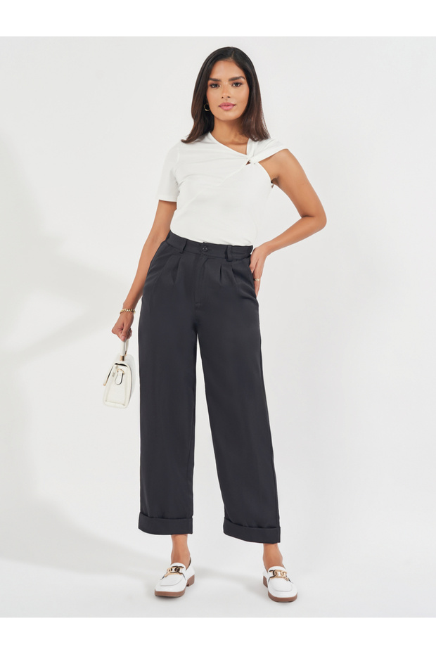 High Rise Turn-Up Hem Ankle Length Pants