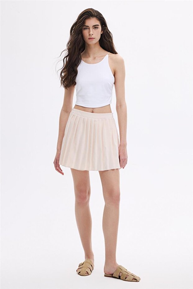 Bej Pileli Şort Etek - 1