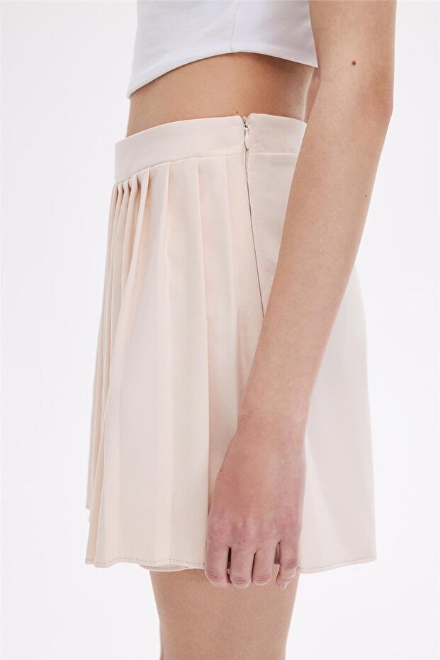 Bej Pileli Şort Etek - 4