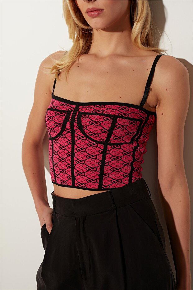 Fuchsia Underwire Patterned Knitwear Bustier - 3