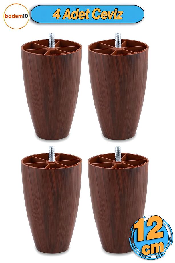 4 Adet Vidalı (M8 INCE DİŞ) 12 Cm (CEVİZ) Plastik Mobilya Yükseltici Koltuk Kanepe Ayağı Ayakları - 1
