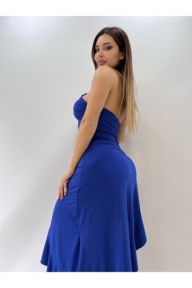 Saks Mavi Backless Halter Ruffles Gül Detaylı Midi Elbise - 2