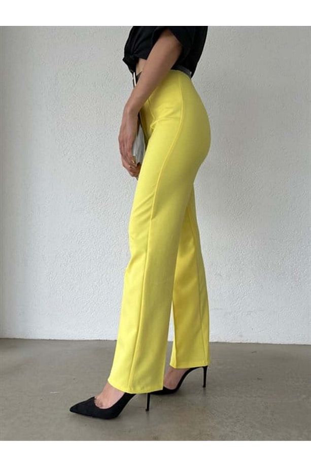 Ön Dikiş Boru Paça Kumaş Pantolon Sarı - 3