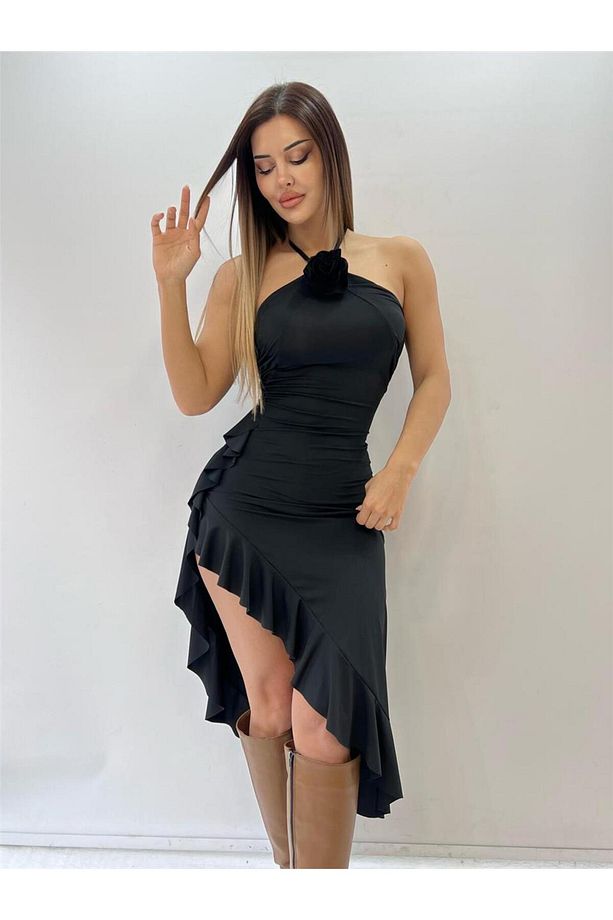 Siyah Backless Halter Ruffles Gül Detaylı Midi Elbise - 1