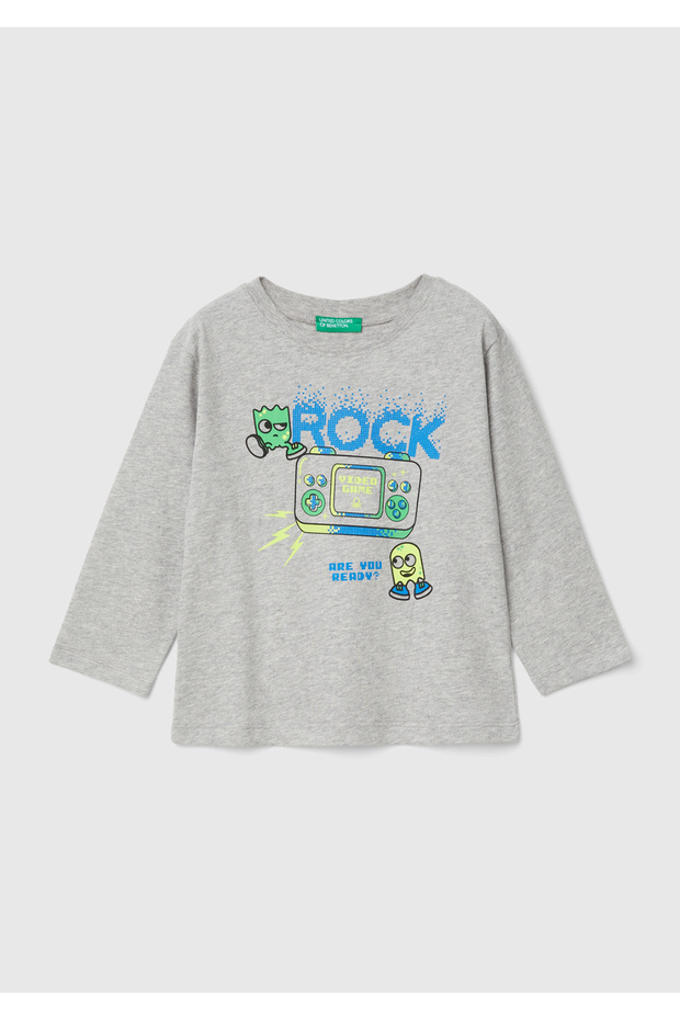 Boy's Gray Melange Printed Crew Neck Long Sleeve T-Shirt