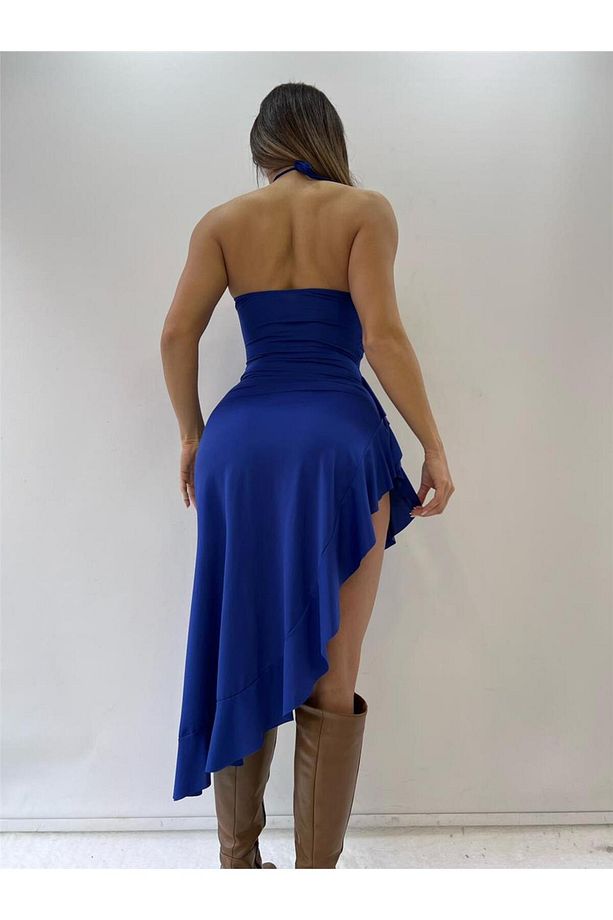 Saks Mavi Backless Halter Ruffles Gül Detaylı Midi Elbise - 3