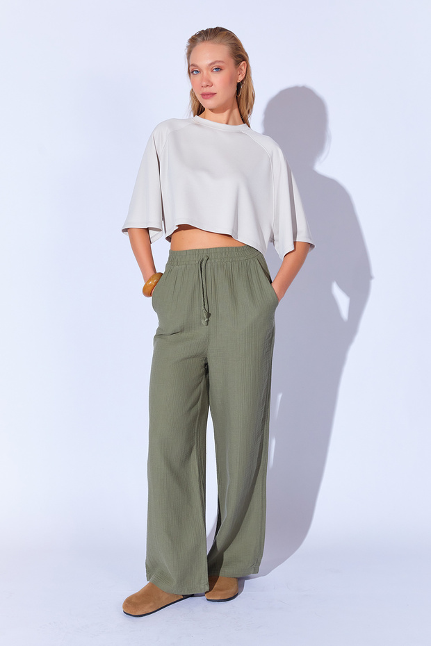 Khaki Muslin Washed 100% Cotton Palozzo Cut Comfortable Elastic Waist Women's Trousers | Ek1000669884