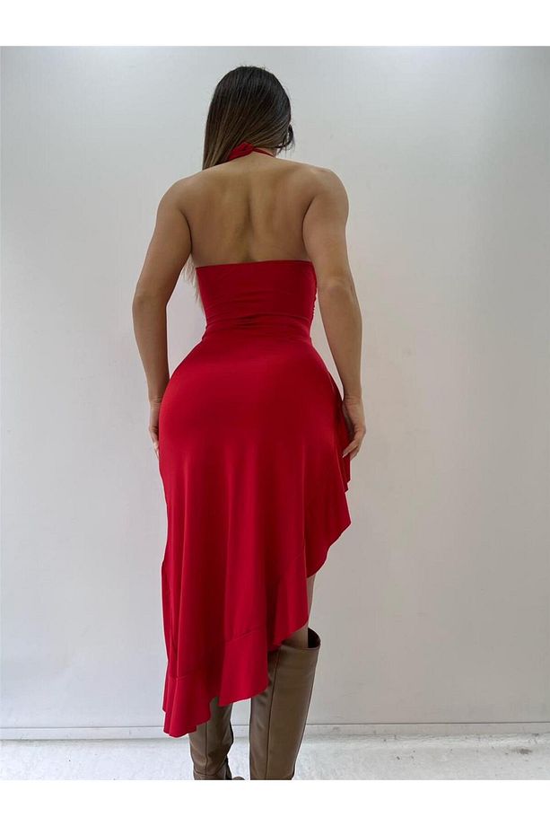 Kırmızı Backless Halter Ruffles Gül Detaylı Midi Elbise - 3