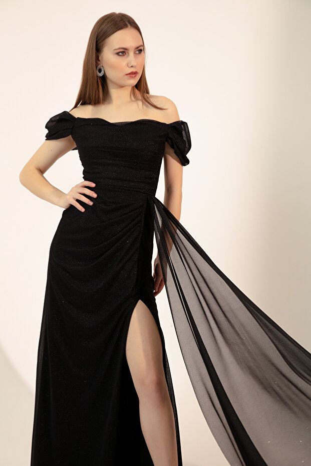 Women's Black Boat Neck Draped Slit Long Glitter Evening Dress