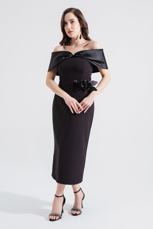 Women's Black Boat Neck Bowknot Promise Engagement Wedding Evening Dress