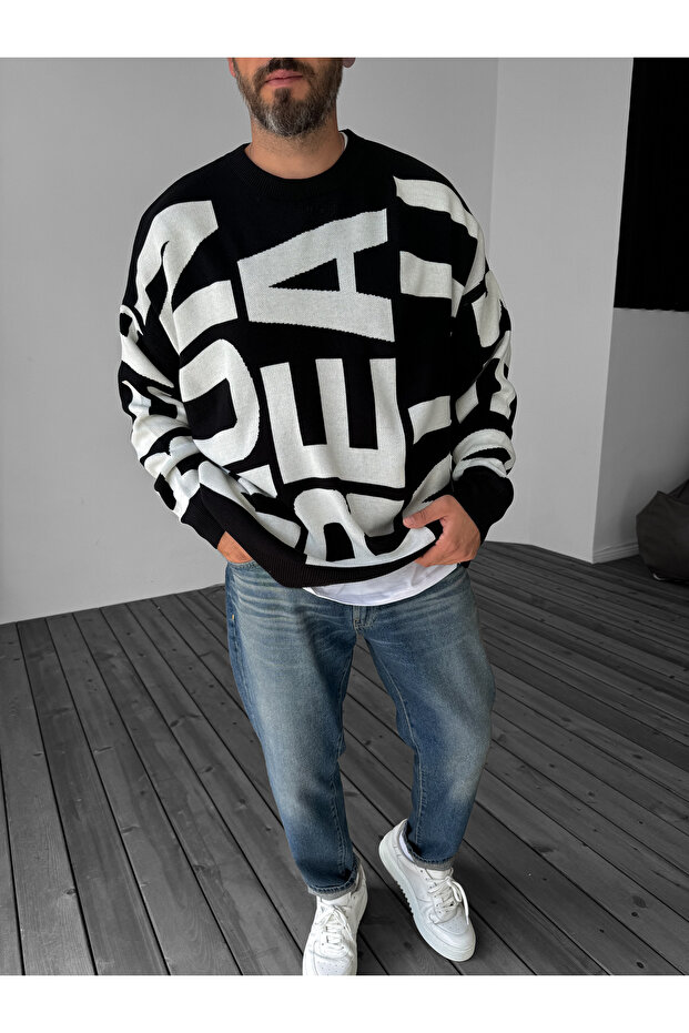 Siyah Letter İşlemeli Örme Sweatshirt JJ-103 - 1