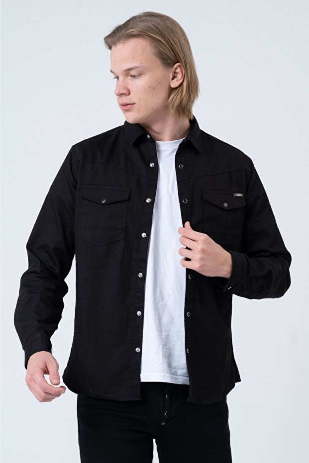 Men's Boxed Slim Fit Lycra Denim Shirt with Pockets