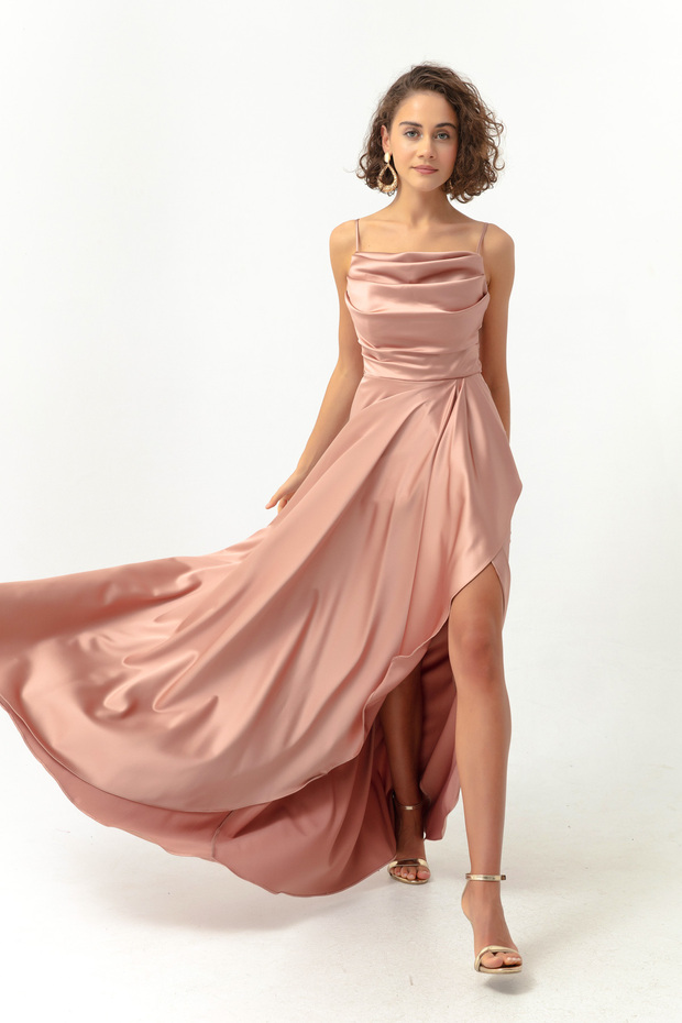 Women's Pink Flounce Slit Satin Evening Dress & Graduation Dress