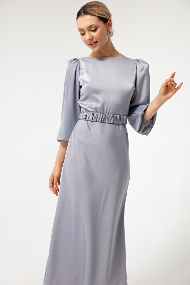 Dámské šedé zásnubní šaty s dlouhým balonovým rukávem - 3