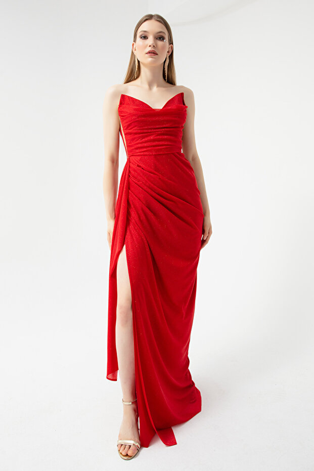 Women's Red Chest Draped Slit Silvery Evening Dress