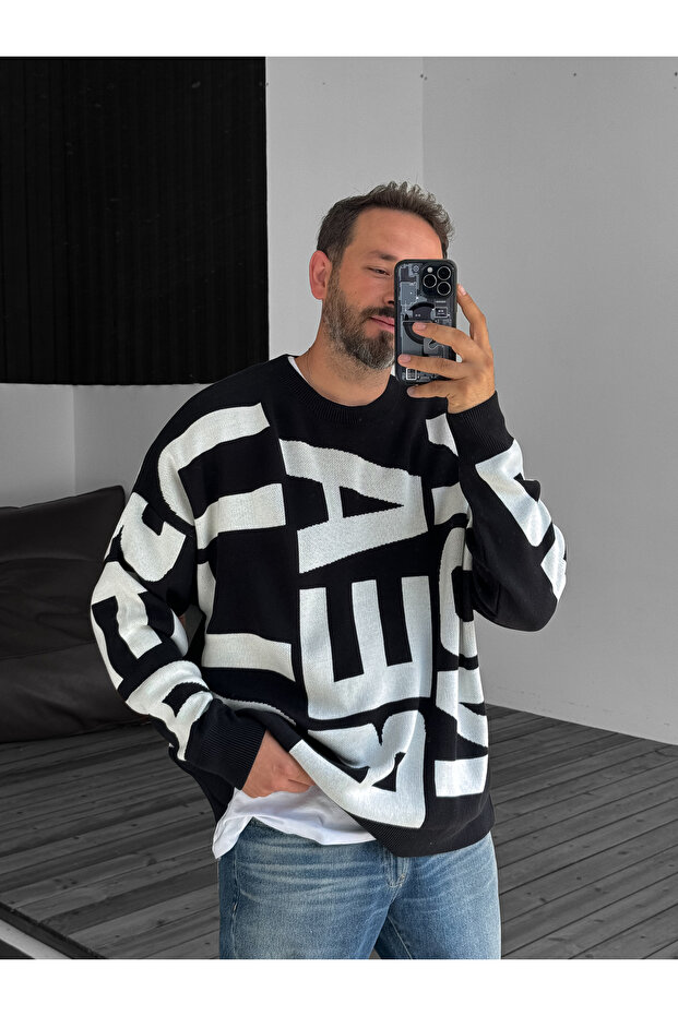 Siyah Letter İşlemeli Örme Sweatshirt JJ-103 - 6