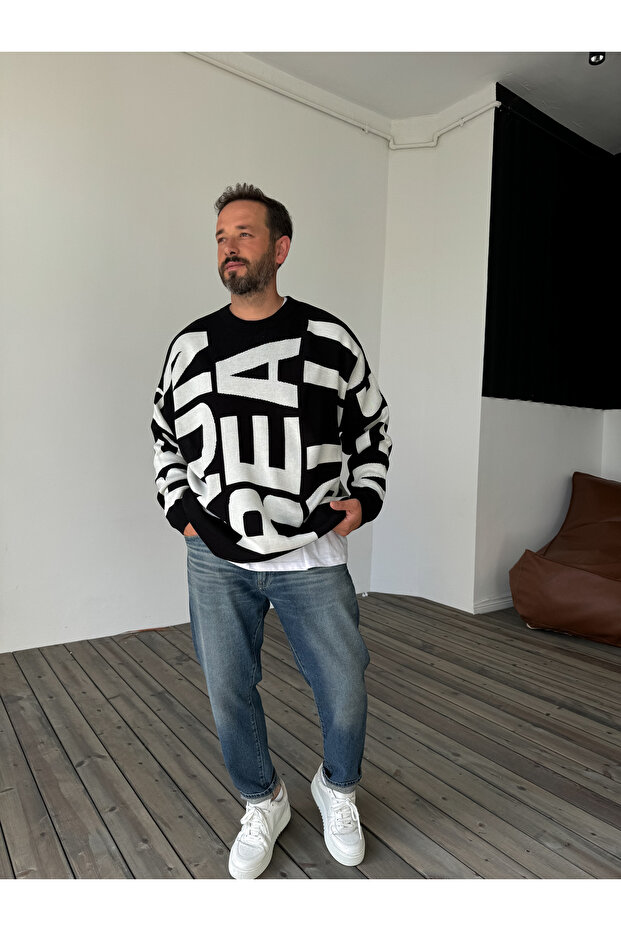 Siyah Letter İşlemeli Örme Sweatshirt JJ-103 - 5